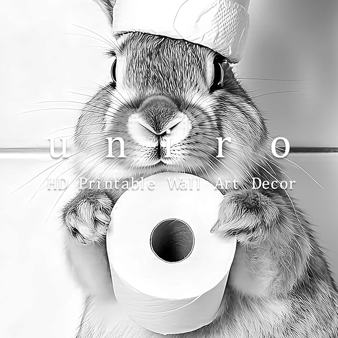 uniro Funny Bathroom Wall Art Prints, Black and White Cute Bunny Bathroom Picture Wall Decor, Cute Rabbit Animal Canvas Print Painting, Modern Bathroom Signs Wall Art Poster for Bathroom Decor (8"x10 - UNFRAMED)