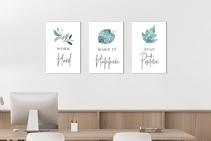3 Piece Office Canvas Wall Art, Motivational Quotes Tropical Plants Canvas Print Pictures Wall Decor for Office, Men Women Inspirational Framed Artwork Home Office Decor 12"x18" x 3 Pcs