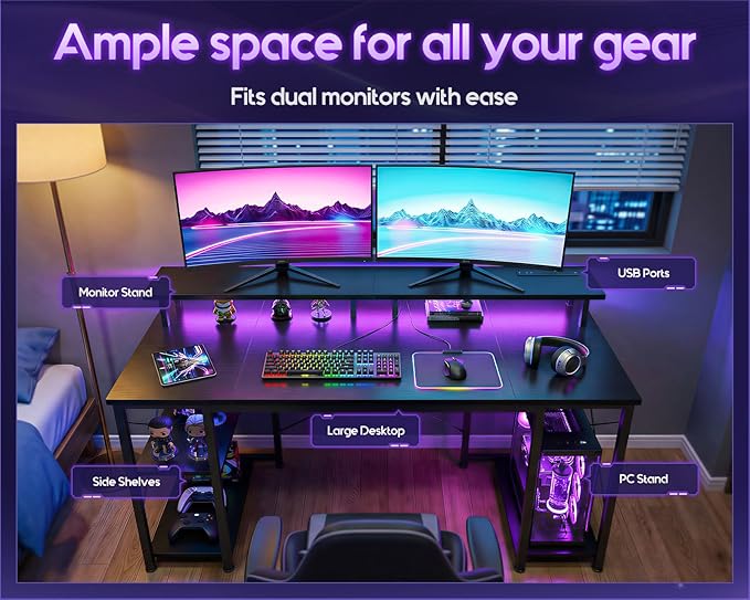 ODK 48 inch Gaming Desk with LED Lights & Power Outlets, Computer Desk with Monitor Stand & Storage Shelves, CPU Stand, Home Office Desk, Black