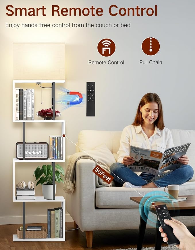 5-Tier Floor Lamp with Shelves & Remote, Dimmable S-Shaped Bookshelf with 3 Color Temperature, 1-Hour Timer, Tall Corner Standing Lamp for Living Room, Bedroom, Office(Black White)