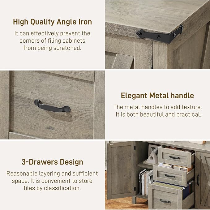 Farmhouse File Cabinet with Doors, Lateral Filing Cabinet with 3 Drawers for Letter/A4 Size Hanging Files, Large Wooden Printer Stand with Adjustable Shelves for Home Office, Rustic Grey
