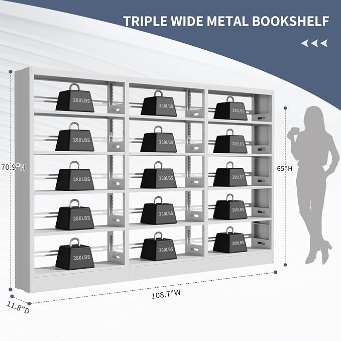 70.9" H Metal Bookshelf, Adjustable Bookcase, 5-Tier Heavy Duty Bookshelf with Bookend, Tall Bookshelves, Bookcase Shelf for Living Room, Office, Library,Classroom (White-108.3W)