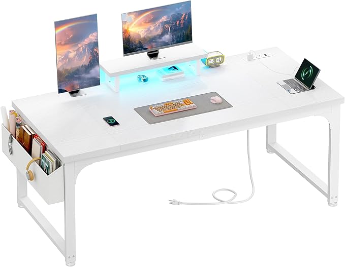 63 Inch Computer Desk with Monitor Stand & 0.95 inch Thicker Desktop,Gaming Desk with Power Outlets & LED Light,White Writing Desk for Home Office, Study, Bedroom, White