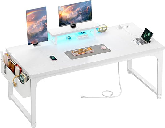 63 Inch Computer Desk with Monitor Stand & 0.95 inch Thicker Desktop,Gaming Desk with Power Outlets & LED Light,White Writing Desk for Home Office, Study, Bedroom, White