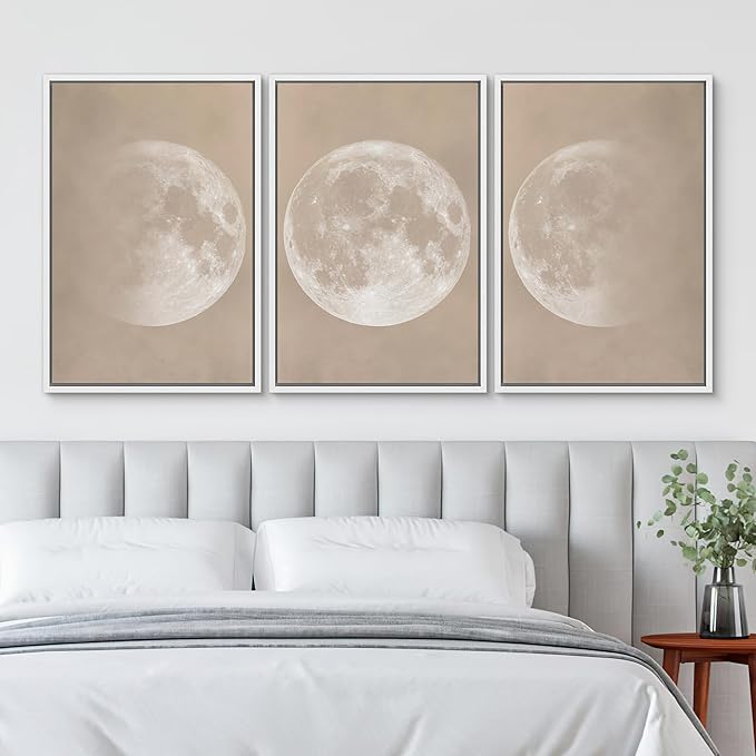 SIGNWIN Framed Canvas Print Wall Art Full Moon Minimalist Beige and Black Toned Lunar Nature Wilderness Modern Art Cool for Living Room, Bedroom, Office - 16"x24"x3 White