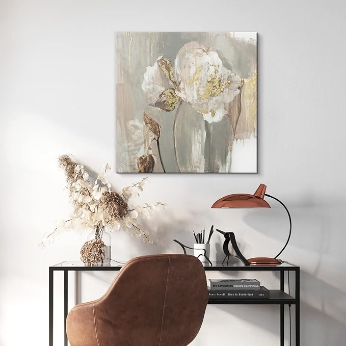 Goldfoilart Floral Wall Art Gold Pictures White Flower Canvas with Gold Foil Embellishment Paintings Textured Poster Framed Artwork for Living Room Bedroom Office Decorations 24" x 24"