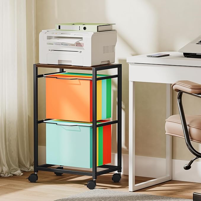 Snughome Rolling File Cart with Wheels - Hanging Files for Letter Size, 2-Tier Metal Movable Cart with Pull-Out Filing Holder
