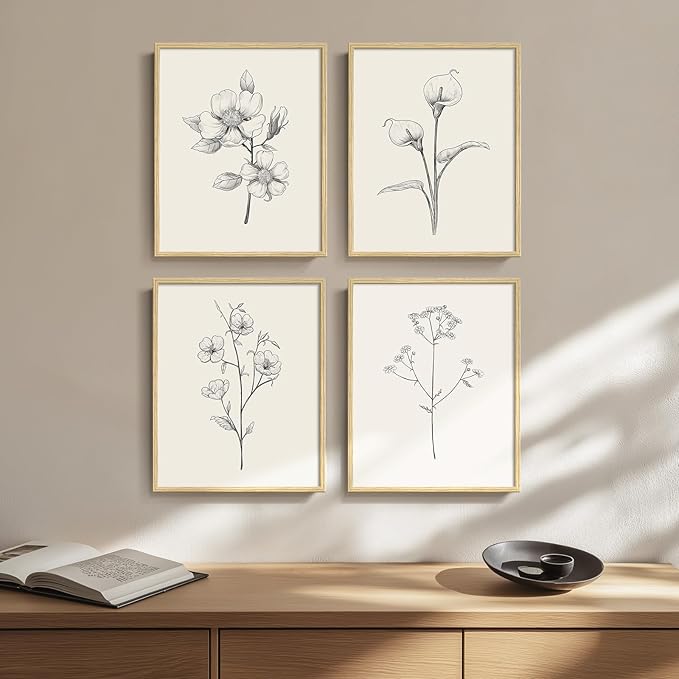 Framed Botanical Wall Art for Bathroom, Set of 4 Neutral Minimalist Beige Floral Painting Prints for Modern Farmhouse Decor, Black and White Flowers Plant Artwork for Rustic Bedroom Living Room, 11x14