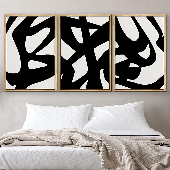 IDEA4WALL Framed Canvas Print Wall Art Set Black White Geometric Graffiti Landscape Abstract Shapes Illustrations Modern Art Contemporary for Living Room, Bedroom, Office - 24"x36"x3 Natural