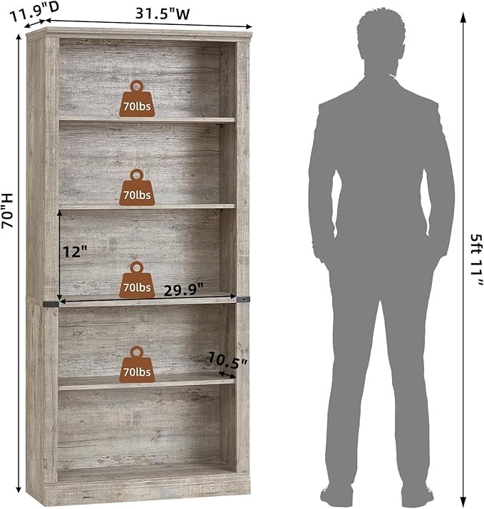 70" Grey Tall Bookshelf,5-Tier Thick Wooden Book Shelf with Adjustable Shelves,Free Standing Farmhouse Bookcase with Open Display Storage,Floor Vintage Bookshelves for Living Room,Office
