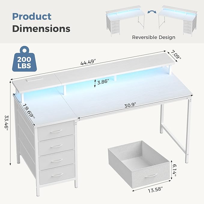 DUMOS Computer Desk with 4 Drawers,4 Drawer Gaming Desk with with Power Outlets and LED Lights,Office Desk for Small Spaces with Monitor Shelf,Writing Desk for Home Office, Bedroom,Study 45 Inch White