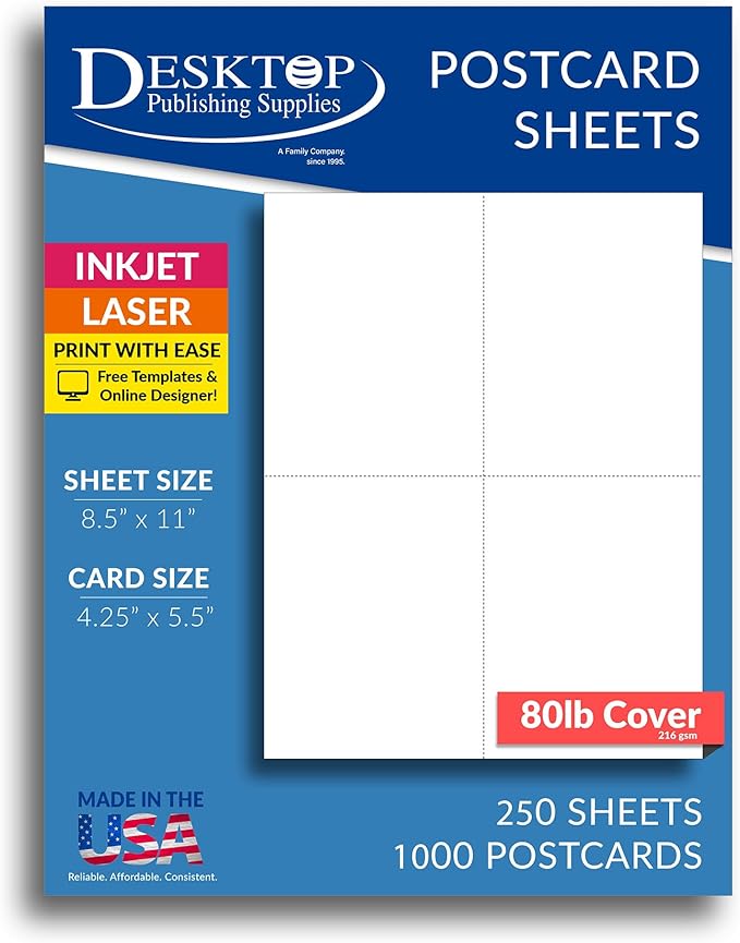 Heavyweight Blank Postcard Paper for Printing - White - 250 Sheets / 1000 Postcards - Perforated 4 per sheet - Thick 80lb Cover Cardstock - Inkjet/Laser Printable