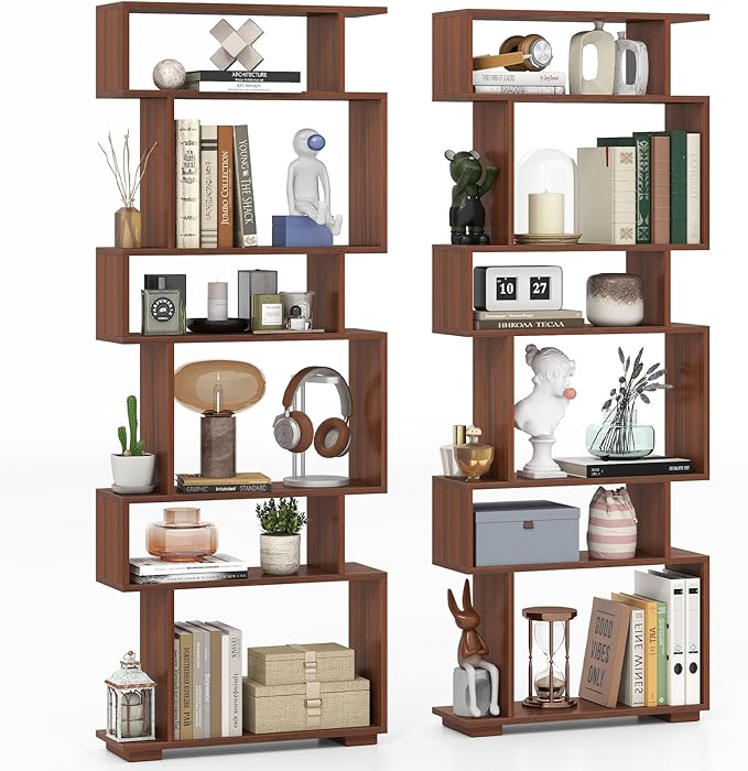 Giantex 6-Tier Geometric Bookshelf Set of 2, S-Shaped Bookcase with 2 Anti-Tipping Kits, Wooden Display Shelf, Decorative Storage Shelving Unit, Home Storage Organizer for Office Living Room, Walnut
