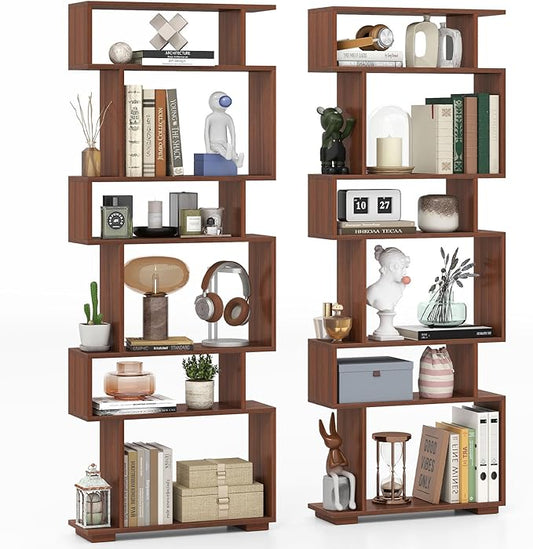 Giantex 6-Tier Geometric Bookshelf Set of 2, S-Shaped Bookcase with 2 Anti-Tipping Kits, Wooden Display Shelf, Decorative Storage Shelving Unit, Home Storage Organizer for Office Living Room, Walnut