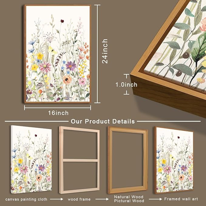 BINCUE Floral Wall Art Colorful Wildflower Wall Decor Boho Flowers Wall Paintings Flower Artwork Framed Floral Artprints for Living Room Bedroom Farmhouse Home Decor 16x24 Inches Set of 3