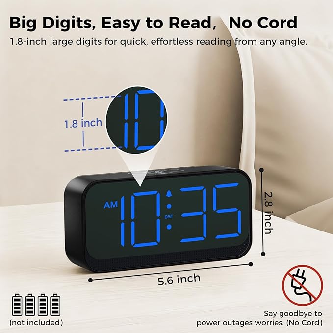 Battery Operated Digital Clock: Cordless Small Alarm Clock for Bedroom Travel - Large Numbers 4 Dimmers for All Ages Blue Digits
