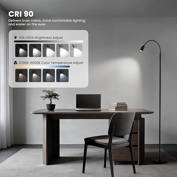 Reading Floor Lamp, Dimmable LED Floor Lamp with Remote, Standing Lamp with Flexible Gooseneck, Zoomable Spotlight, Reading Light, Task Crafting Tall Lamps for Living Room Office Bedroom