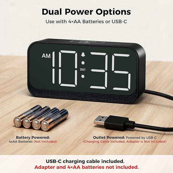 Battery Operated Digital Clock: Cordless Small Alarm Clock for Bedroom Travel - Large Numbers 4 Dimmers for All Ages White Digits