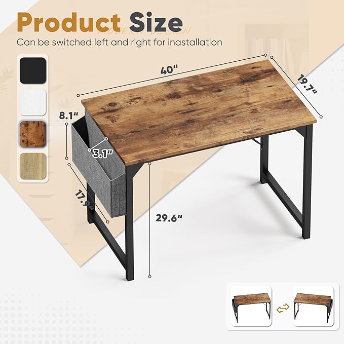 Shahoo Computer Desk, 40 Inch Office Writing Work Table, with Storage Bag and Hook, for Home, Study, Rustic Brown