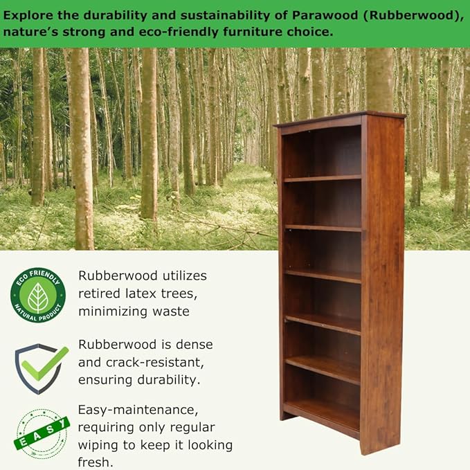 International Concepts, 72" High Bookcase With Adjustable Shelves, Solid/ Sturdy Parawood Construction, Durable Furniture, Eco-Friendly, Espresso