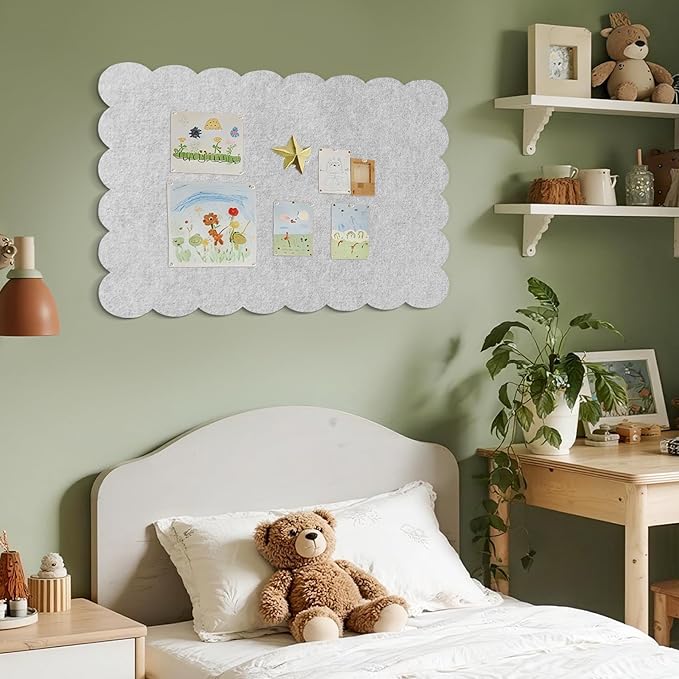 Scalloped Bulletin Board, 36 x 24 Inches Felt Pin Board - Decorative Cork Alternative for Wall, Foldable Picture Self-Adhesive Vision Prayer Board with 20 Pushpins - Light Gray