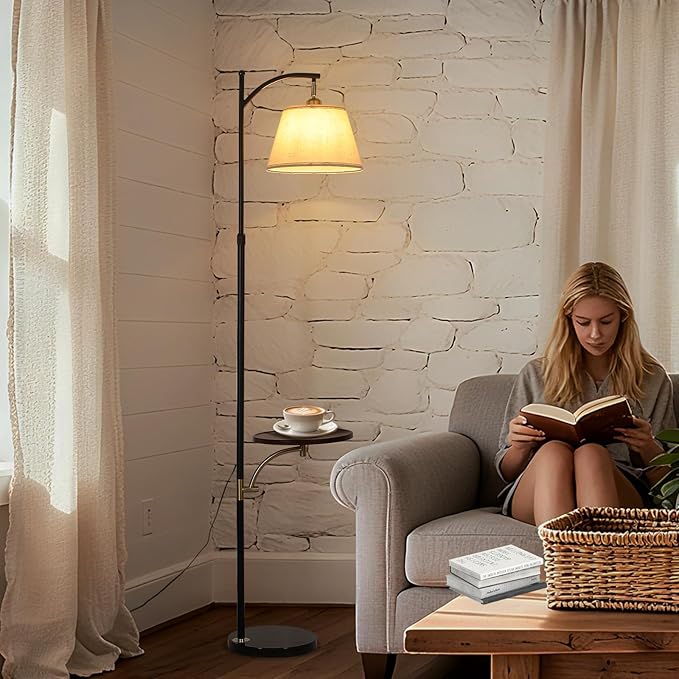 Floor Lamp with Table for Living Room, Tall Floor Standing Lamps with Shelves, Height Adjustable Lamp Table Combo, Dimmable Corner Rustic Lamps with Tray for Bedroom Office, Bulb Included (Linen)