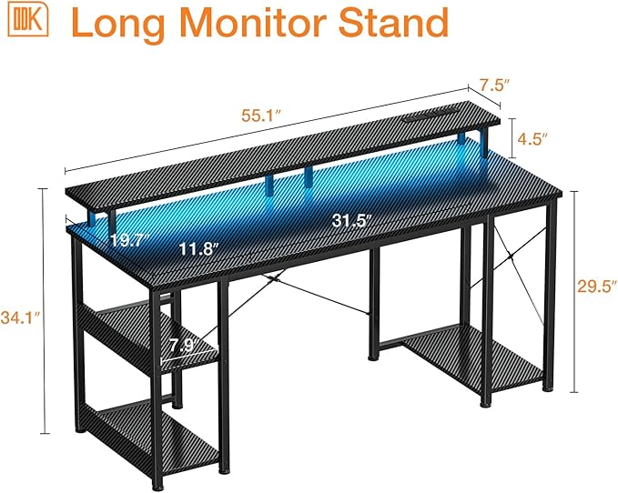 ODK 55 inch Computer Desk with Power Outlets & LED Lights, Gaming Desk with Monitor Stand & Storage Sheves, Home Office Desk, Carbon Fiber Black
