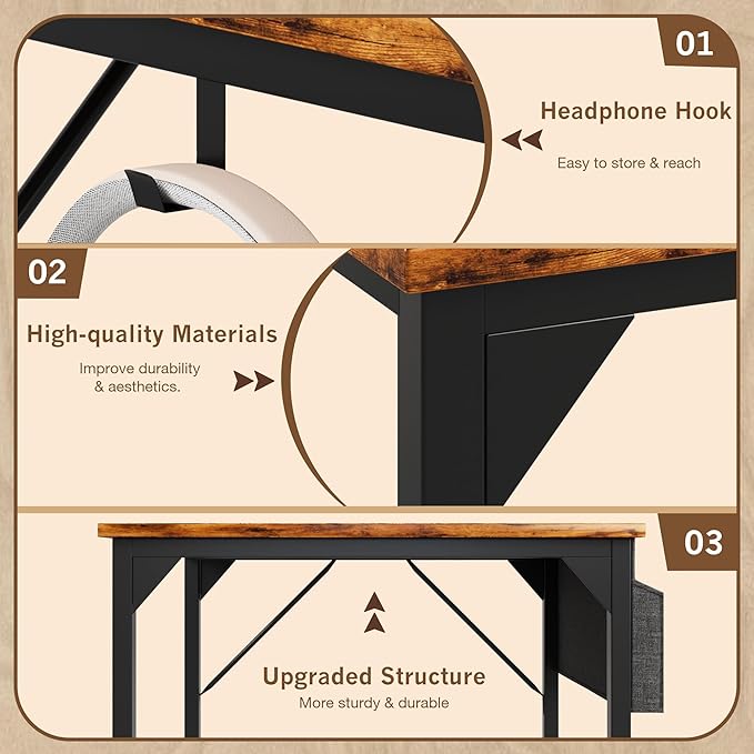 Shahoo 40 Inch Computer Desk, Wood Modern Simple PC Home Office Table for Small Spaces with Storage Bag and Headphone Hook for Home, Office, Study, Writing, Rustic Brown