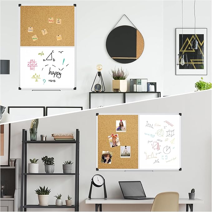 XBoard Large Magnetic White Board and Bulletin Corkboard Combination, 48 x 36 Inch Half Dry Erase & Cork Combo Board for wall with Aluminum Frame, 4' x 3' Notice Memo Board Pin Board Vision Board