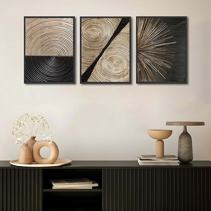 3Pcs Retro Wood grain Abstract Canvas Wall Art Minimalist Black Golden Line Texture Wall Decor Pictures Neutral Geometric Beige Brown Poster Prints for Living Room Bedroom Home Decoration 16x24in