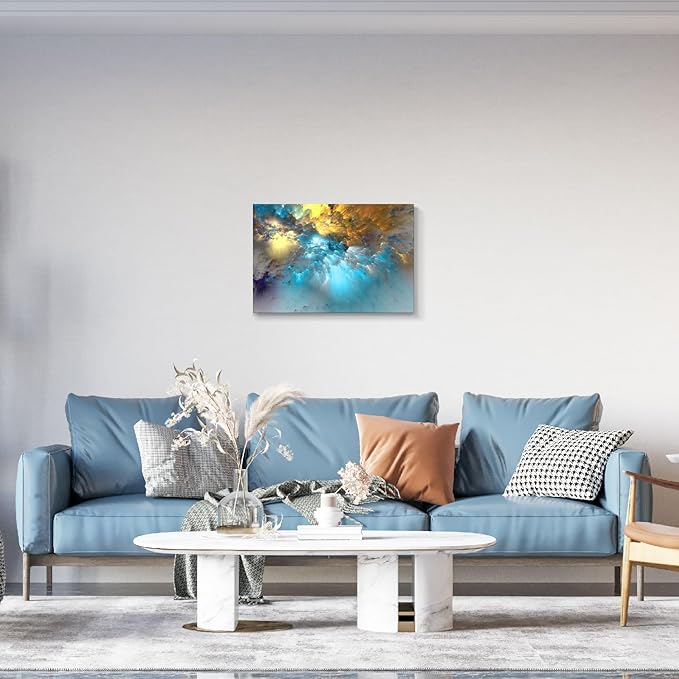 Golden Canvas Wall Art Blue Modern Abstract Painting Prints Colorful Smoke Billowing on White Background Framed Energetic Artwork Pictures for Living Room Bedroom Hallway Wall Decoration 30x20in
