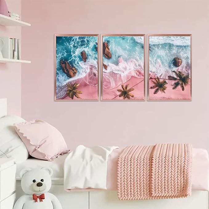3Pcs Pink Beach Canvas Wall Art Tropical Coastal Palm Trees Wall Decor Pictures Preppy Ocean Wave Landscape Posters Prints for Living Room Bedroom Teen Girls Room Artwork Home Decoration Unframed