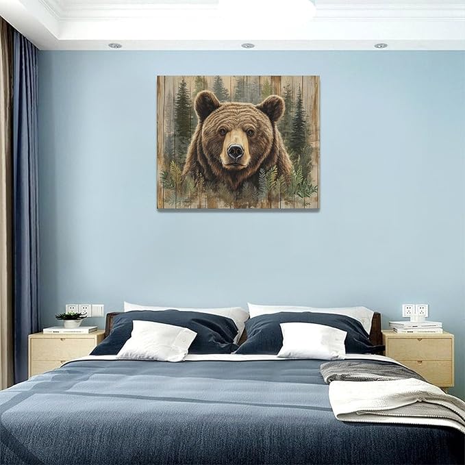 Farmhouse Bear Wall Art Rustic Forest Pictures Decor Woodland Wildlife Painting Canvas Print Modern Home Decoration Artwork for Living Room Bathroom Bedroom Office Framed 20"x16"