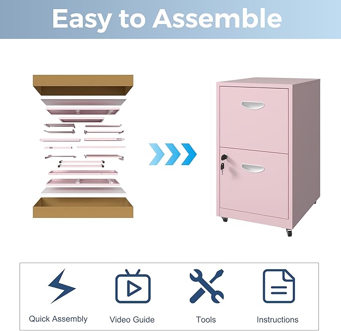 2 Drawer File Cabinet with Lock, Filing Cabinets with Wheels, Rolling File Cabinets for Home Office, Metal Office File Cabinet, for Holding Letters and File Boxes, Assembly Required, Pink