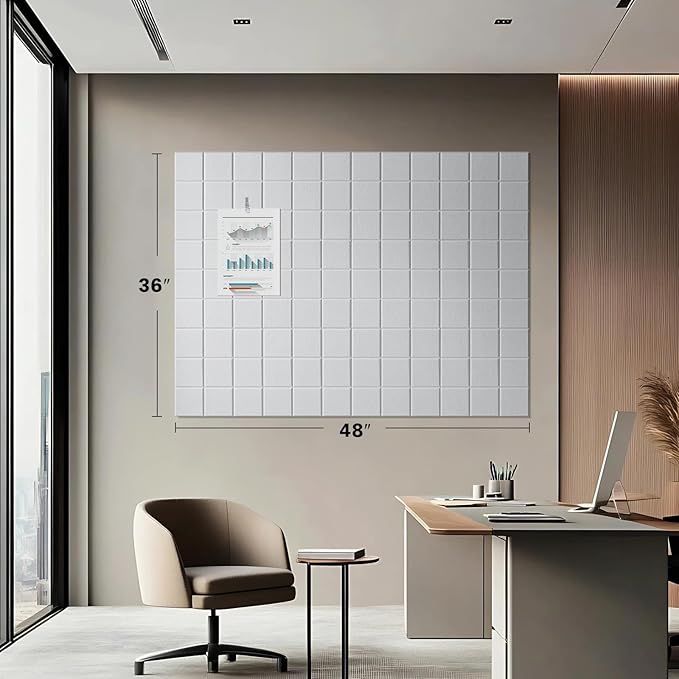 Cork Board for Walls 48" x 36", Bulletin Board for Office Decor, 12 Pack Felt Wall Tiles with Safe Removable Adhesive, Pin Tack Corkboard for Quilting Design & Dart Wall Protector - White