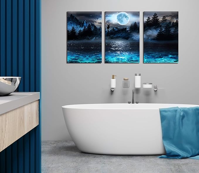 Aburaeart Moon - Deer Ocean Landscape Picture Wall Art For Living Room & Bedroom - 3 Piece Canvas Wall Decor - 16x24 Each Panel