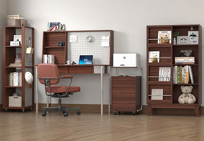 JOMEED 4 Tier Bookshelf with Sliding Door and Magazine Rack, Double Wide Modern Bookcase with Sturdy Legs, Floor Standing Display Book Cabinet for Living Room, Bedroom, Library, Office Walnut