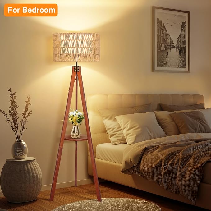 OUTON Boho Rattan Tripod Floor Lamp with Shelves, Remote Control, Dimmable Mid Century Modern Standing Lamp 58.5" for Bedroom, Living Room & Office, Lamp Shade Includes E26 9W Bulb, Walnut
