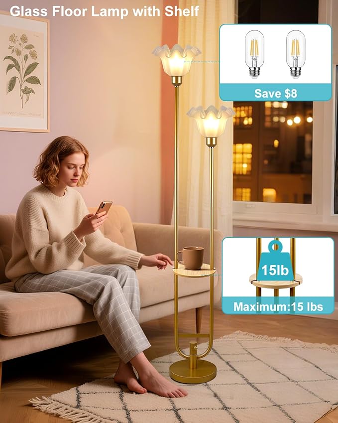 Lightdot Dimmable Flower Floor Lamp for Living Room, Modern Mid Century Floor Lamp with Table, Gold Tall Standing Lamp for Bedroom/Sofa Beside/Corner Decor(Bulb Included)