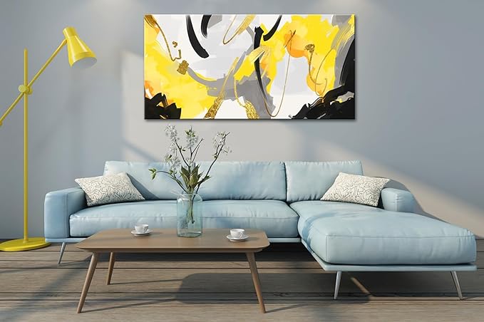weiyiart Yellow Abstract Canvas Wall Art for Living Room Modern Contemporary Wall Paintings Large Print Picture Black & Gray Artwork Ready to Hang for Bedroom Dining Room Office Decor 29"x58"