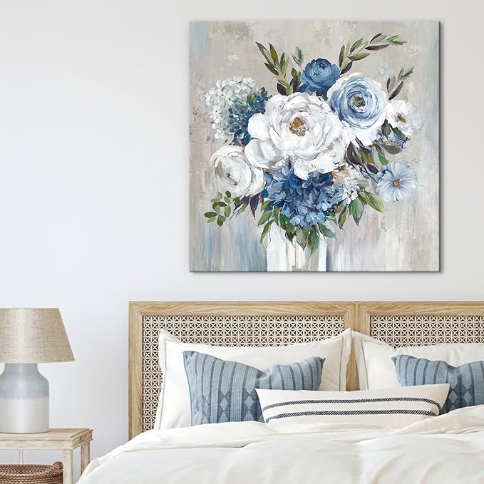 Goldfoilart Blue Flower Wall Art for Living Room White Floral Canvas Pictures Modern Paintings Framed Artwork for Bedroom Bathroom Dining Room Office Wall Decor 24" x 24"