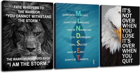 Inspirational Painting Wall Art Mindset 3 Pieces Canvas Print Office Wall Decor Lion Poster Inspiring Framed Animal Picture Motivational Quotes for Wall Art Living Room Gym Decoration[36''Wx 16''H]