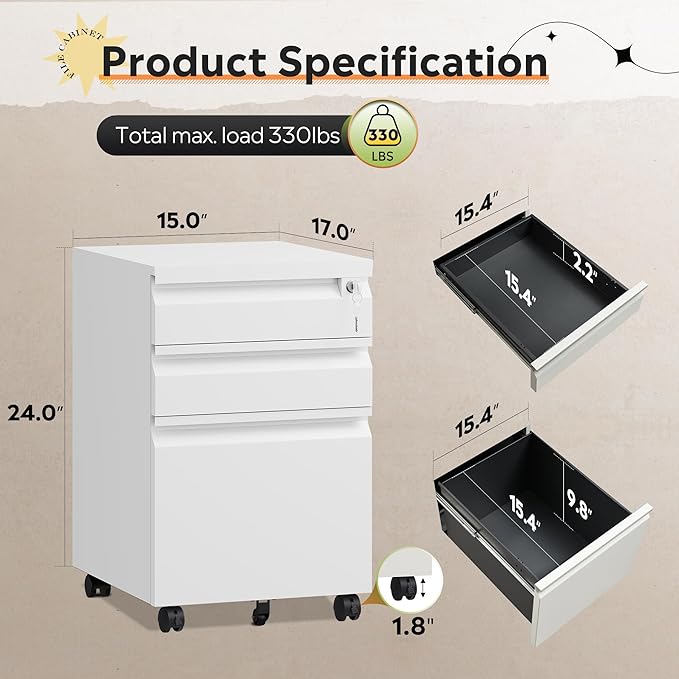 DEVAISE 3-Drawer File Cabinet with Lock & Wheels, White Metal Filing Cabinet for Home Office, Under Desk Storage, Mobile Vertical Organizer Fits Letter/A4, Requires Installation (17" D x15 W x24 H)