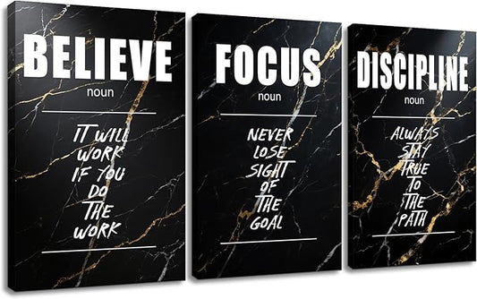 Inspirational Believe Focus Discipline Positive Wall Art Entrepreneur Quotes Print Picture Modern Wooden Canvas Framed Artwork for Home Living Room Office Artwork Stretched and Framed [72''Wx36''H]