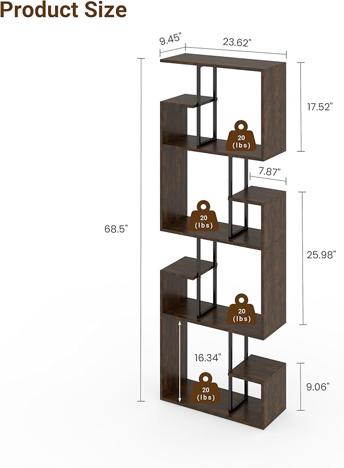 Manora 4 Tier Geometric Bookcase, S Shaped Bookshelf, Modern Black Brown Bookcase with Tall Display Shelves, Decorative Storage Shelf for Living Room and Bedroom,Dark Brown