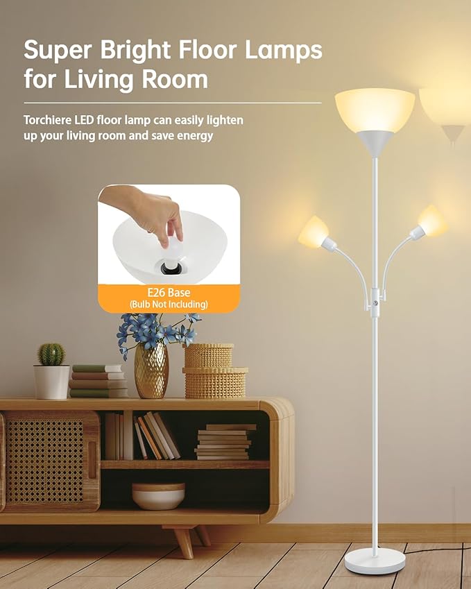 Floor Lamp, Torchiere Floor Lamps for Living Room, 71 Inch Tall Standing Lamp, Bedroom Lamps with Reading Light, Rotary Switch, 3 Plastic Lampshade, Torch Floor lamps for Bedroom (White, No Bulb)