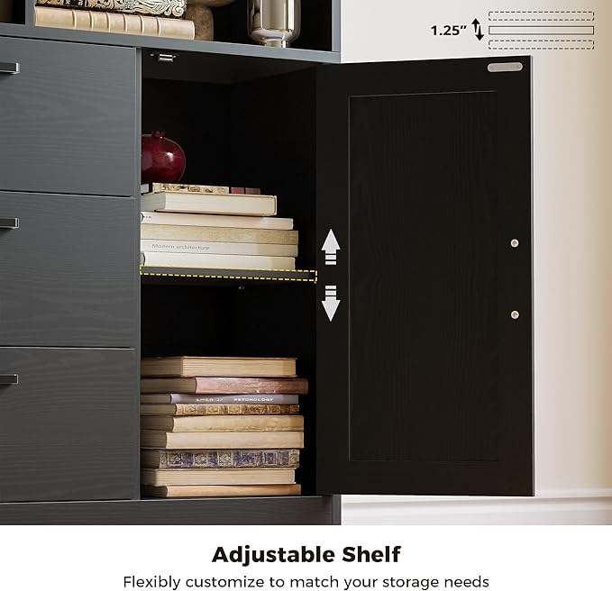 IRONCK Bookshelf, 70.9 Inch Tall Bookcase, Black Book Shelf with Doors and 3 Drawers, 3-Tier Bookshelves with 6 Open Cubes for Home Office, Living Room, Study