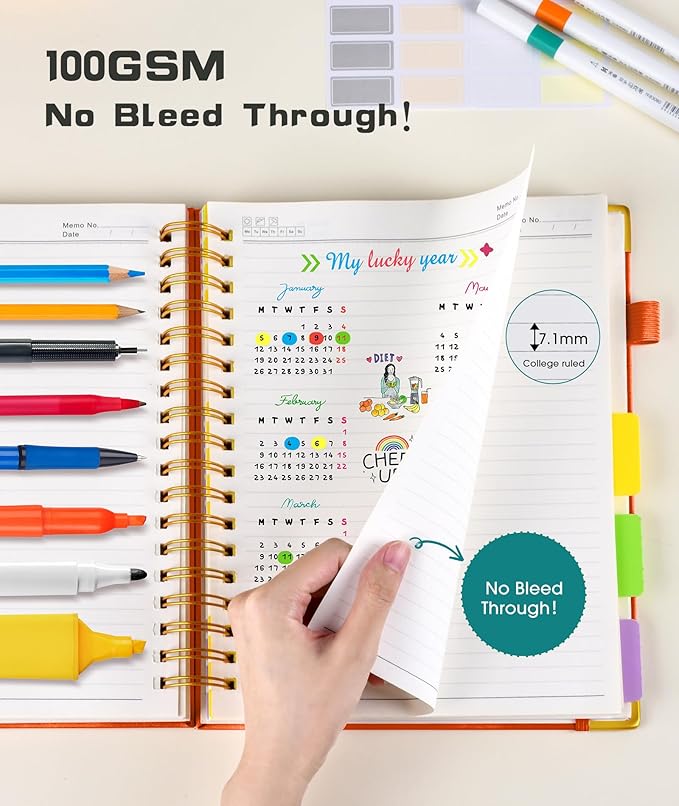 Hardcover Spiral Notebook Journal with Removable Dividers Tabs, 300 Pages Leather 5 Subject Notebook College Ruled, 8"x10" Large B5 Notebooks for Work School Note taking, Lined Journal for Women, Orange