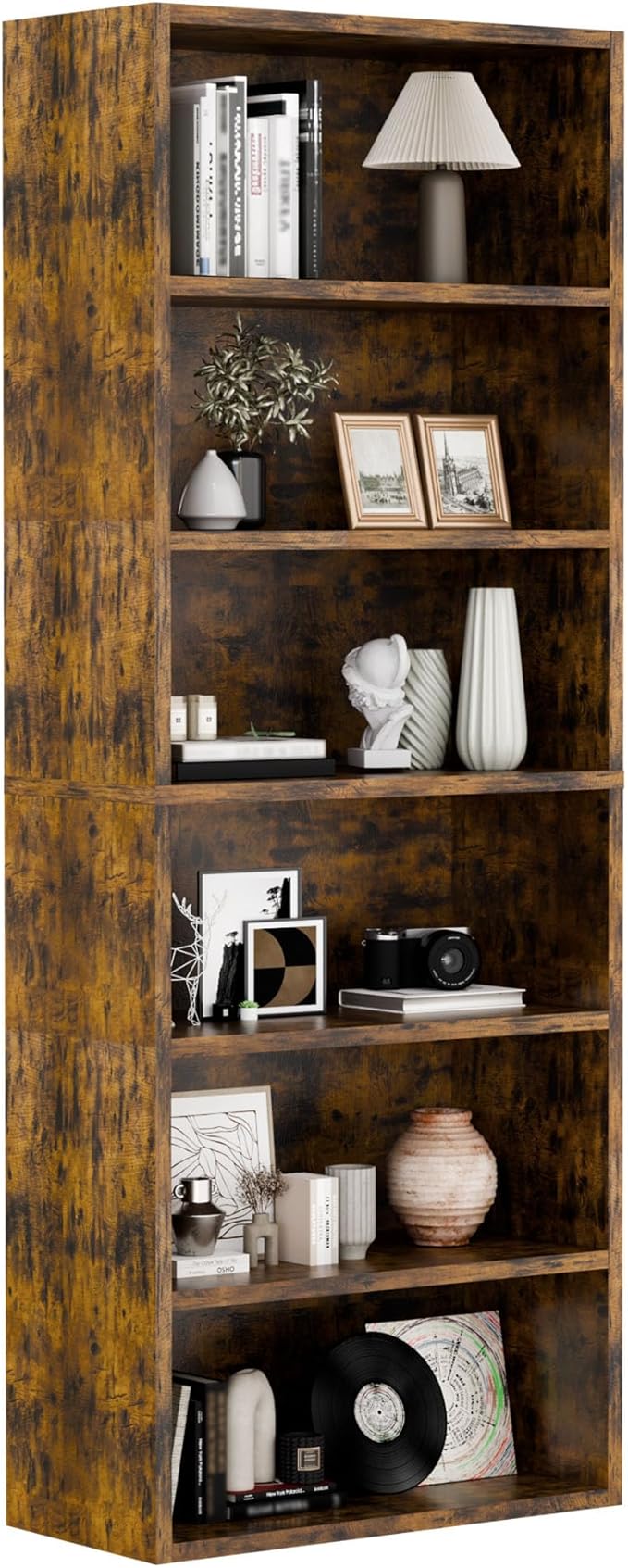 6-Tier Industrial Bookcase, 63" Tall Freestanding Wood Bookshelf with Open Display Storage Shelves for Living Room, Bedroom, Home Office, Rustic Brown
