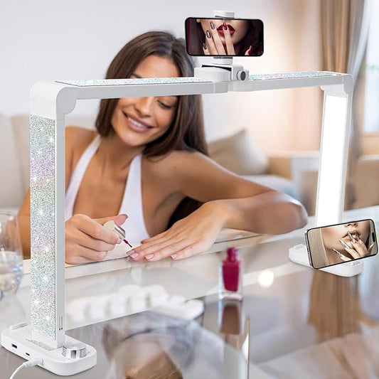 34in Nail Light for Desk Foldable Large Half Moon Lamp Suitable for Nail Tech Beauty Manicure Eyelash Extension Tattoo Eyebrows Crafts Stepless Brightness with 3 Color Modes Infinitely Knob